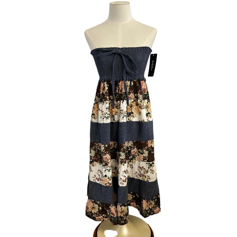 Cicicam Denim Strapless Smocked Tiered Floral Dress Womens‎ Small NWT.